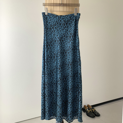 复古蓝色豹纹加厚真丝斜裁鱼尾裙