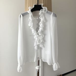 上衣 宽松百搭开衫 法式 浪漫V领乔其纱防晒衣女微透荷叶边灯笼袖