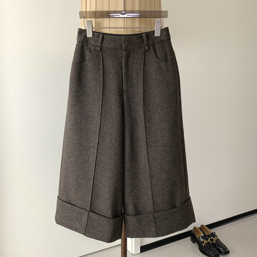 羊毛毛呢高腰斜纹八分阔腿裤