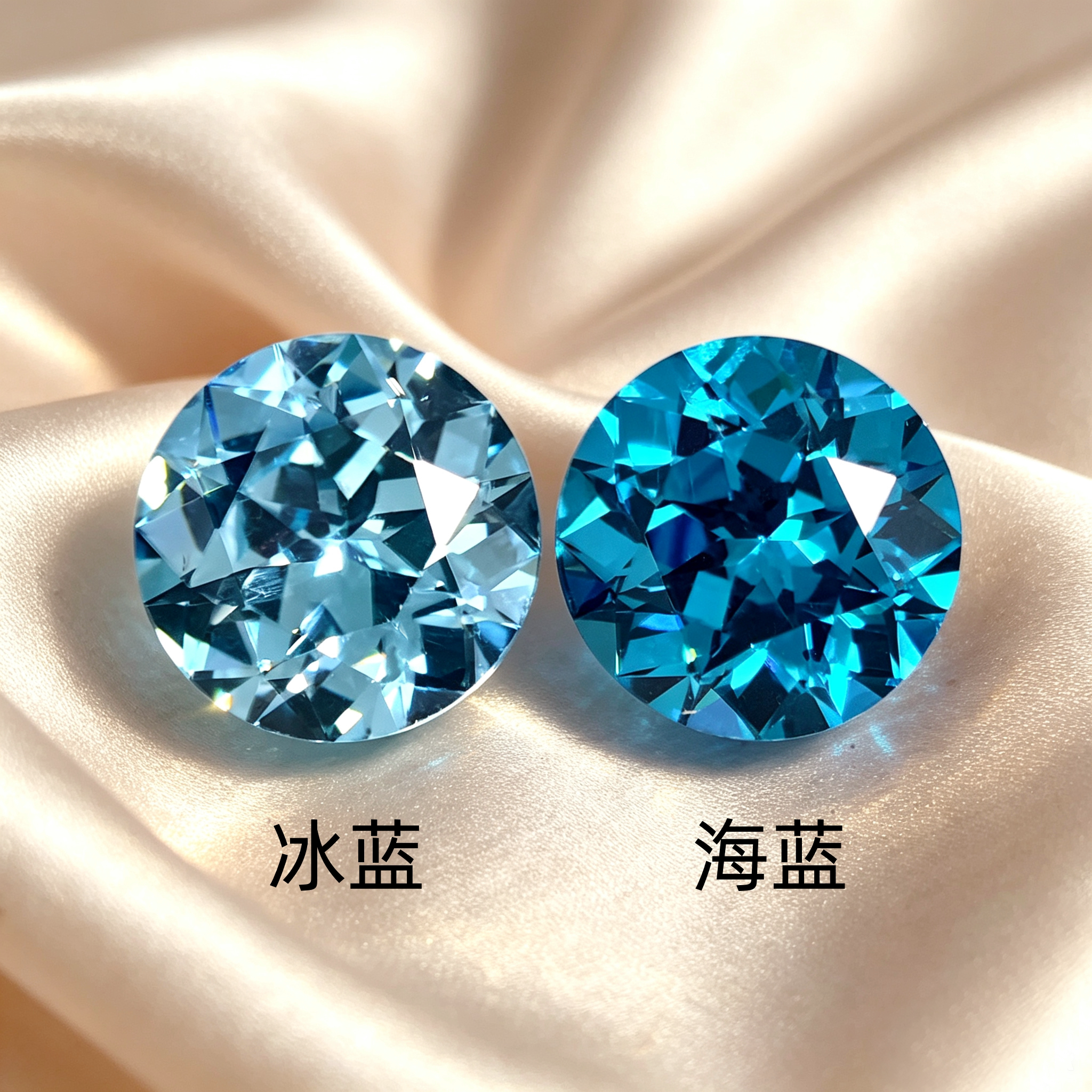 圆形钻石切割海蓝宝石裸石培育合成戒指项链耳钉未镶嵌三月生辰石