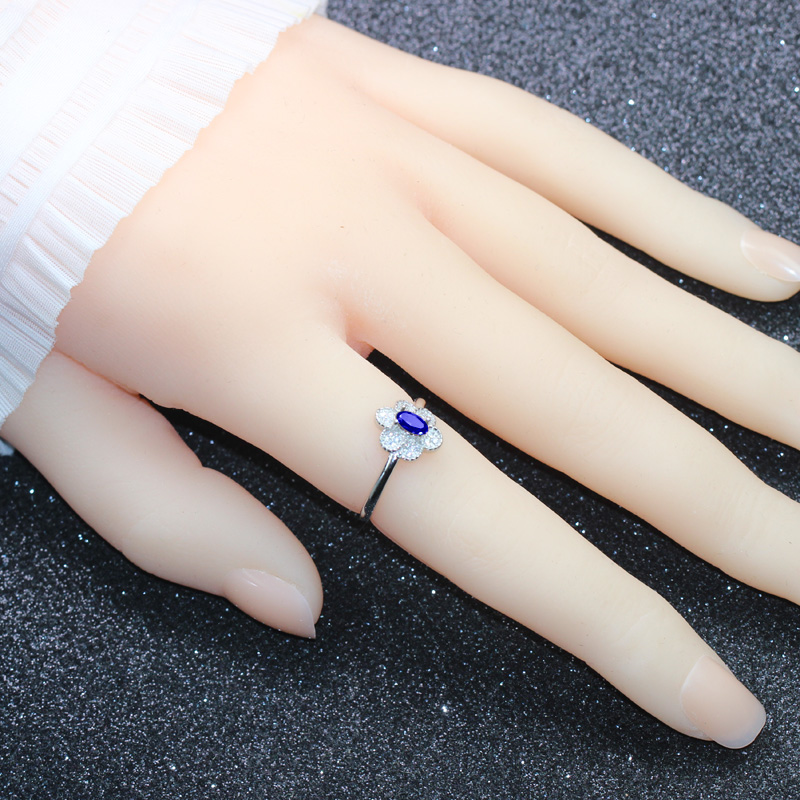 正品蓝宝石戒指女小花朵925纯银