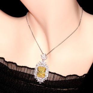 黄钻吊坠项链项坠子长方形雷迪恩冰花切工925纯银大颗超闪女士款