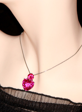 大心形女玫红碧玺吊坠925纯银
