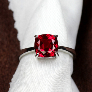 简约方形红宝石戒指女ins潮925纯银鸽血红银子单戒素圈防过敏活口