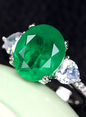 带棉纹路祖母绿宝石戒指女碧玺指环个性高级感925纯银镀18K金活口