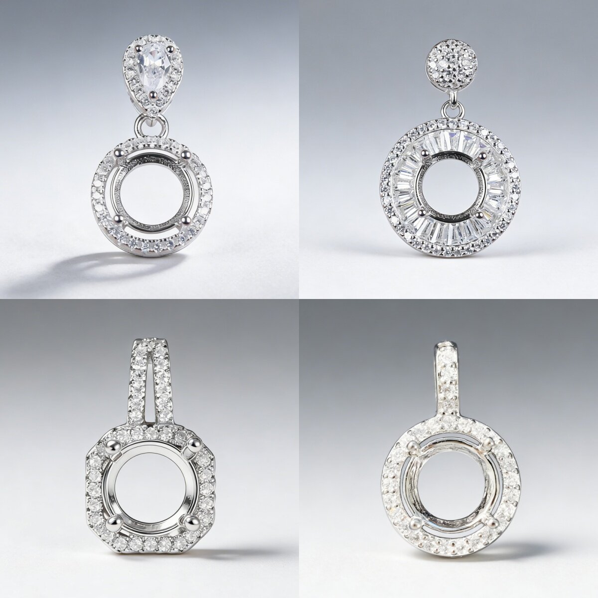 2克拉钻吊坠托空托925纯银镀白金不掉色奢华圆饼精致8mm宝石镶嵌