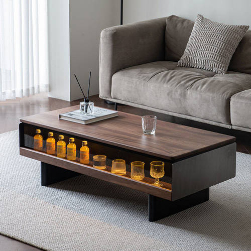 北欧黑胡桃实木岩板带灯储物茶几
