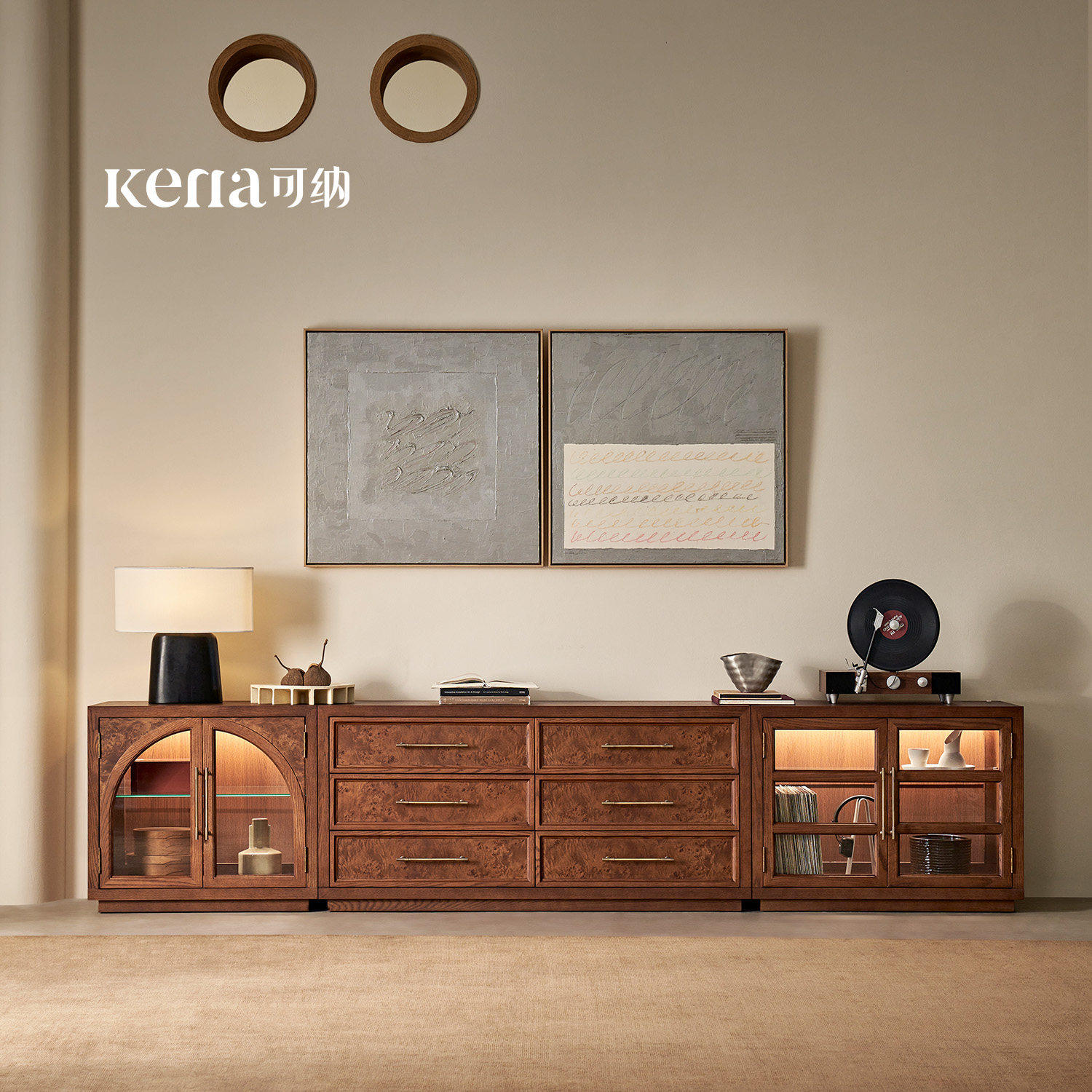 Kena可纳/琉璃中古风落地电视柜法式客厅组合收纳展示实木储物柜Z