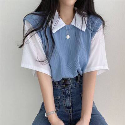 冰丝螺纹polo翻领假两件衬衫
