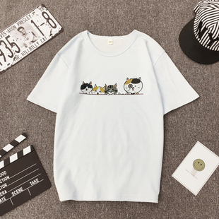 夏季新款韩版四只猫咪时尚百搭印花短袖T恤情侣装男女学生班服潮