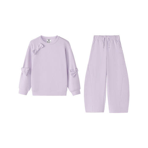 Skechers斯凯奇女童新款亲肤透气蝴蝶结纯色卫衣长裤套装L425G064