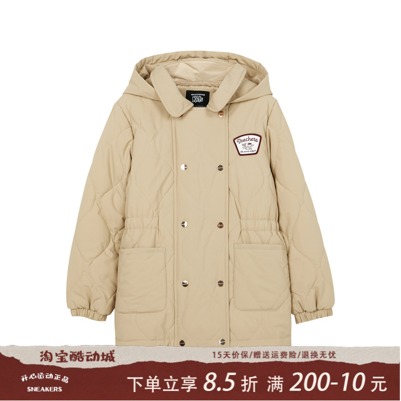 Skechers斯凯奇女童秋冬梭织裥棉连帽保暖百搭休闲风外套L124G004