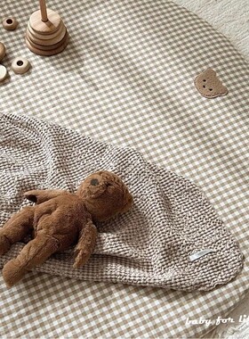 INS韩国格子印花小熊刺绣地垫 宝宝圆形坐垫 婴儿室内爬行垫