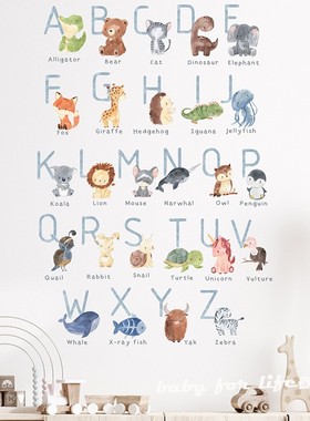 ins动物24字母认知早教自粘贴儿童房间幼儿园壁饰墙贴 涂鸦贴