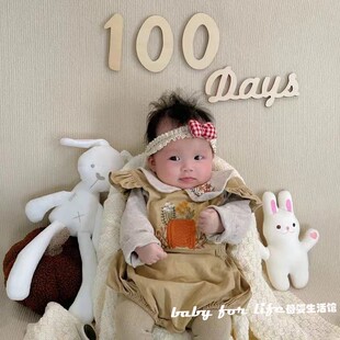 ins木质宝宝满月百天生日100days拍摄道具装饰 英文字母数字木牌