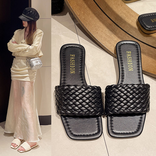 平底编织外出沙滩一字拖鞋
