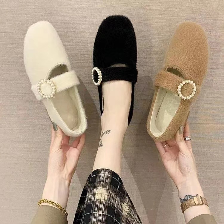 粗跟单鞋女秋2025新款网红百搭中跟一脚蹬外穿毛毛鞋温柔小高跟鞋