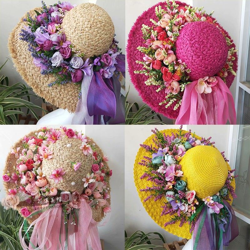 原创新款花朵拉菲草帽女遮阳防晒透气大檐春夏秋旅游沙滩私人订制