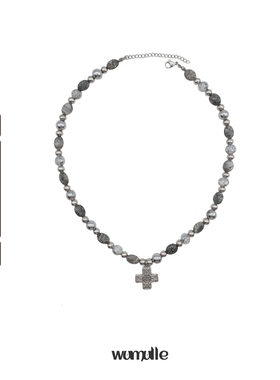 中式拼接大理石灰色珠项链