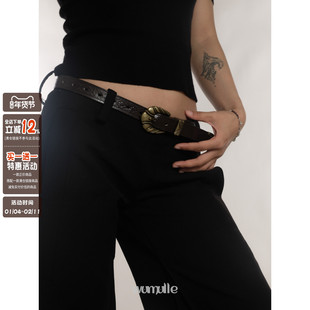 wumulle 复古咖色方砖雕花做旧条纹压花扣头皮带男女可用80s做旧~