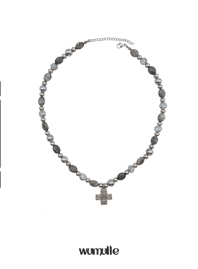 中式拼接大理石灰色珠项链