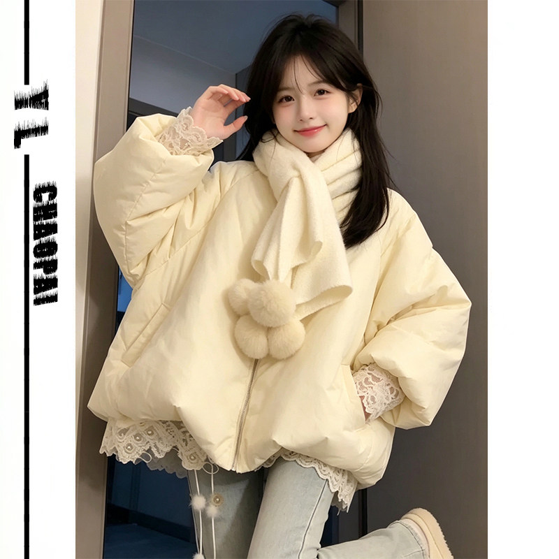 小个子围巾花苞加厚保暖棉服外套