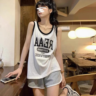 宽松家居服套装 纯棉可外穿网红风大码 ins背心睡衣女夏天短裤 韩版