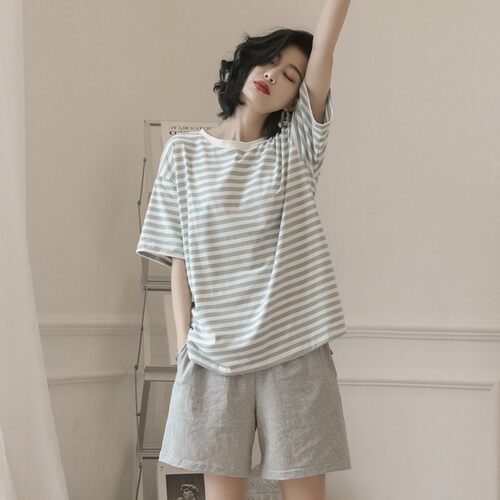 睡衣女夏季短袖短裤韩版清新条纹网红宽松大码学生休闲家居服套装
