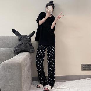 睡衣女短袖 夏季 长裤 ins风网红可外穿大码 韩版 宽松家居服套装 新款
