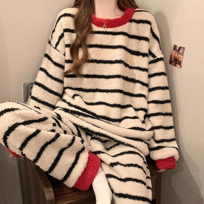 软绵绵半边绒冬季珊瑚绒睡衣女加厚保暖网红ins风大码家居服套装