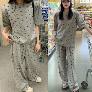 学生外出大码 长裤 家居服套 短袖 高级感蝴蝶结网红纯棉睡衣女夏季