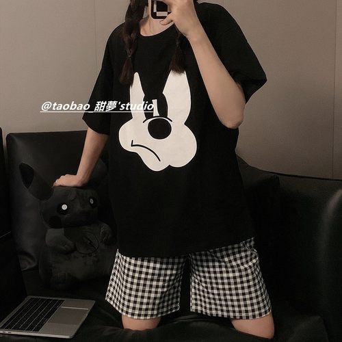 睡衣女夏季短袖格子短裤情侣款可爱米奇学生宽松可外穿家居服套装