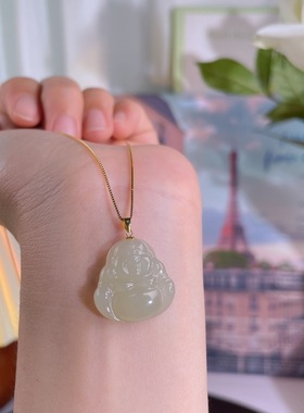 天然和田玉晴水佛公吊坠女18k金镶佛牌弥勒佛笑佛玉坠青白玉项链