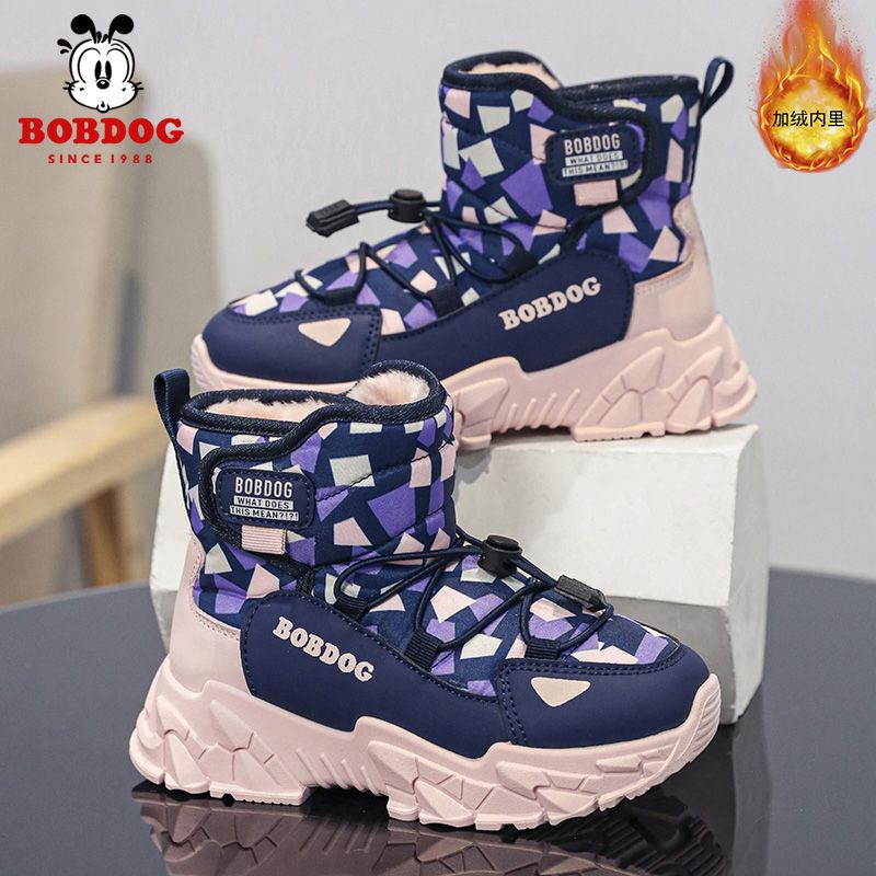 巴布豆女童高帮雪地靴冬季新款加绒保暖大棉鞋小男孩百搭儿童鞋子