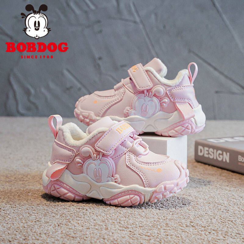 巴布豆女童鞋冬季新款加绒棉鞋皮面宝宝鞋小男孩保暖防滑儿童鞋子