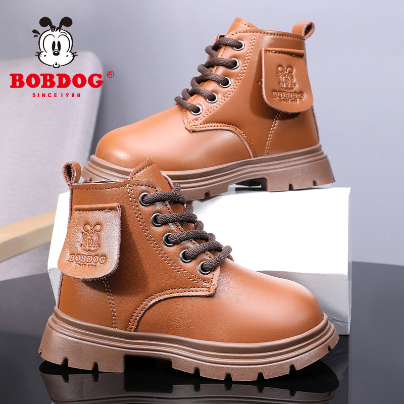 巴布豆正品男童马丁靴冬季新款小女孩大棉鞋加绒皮面儿童短靴鞋子