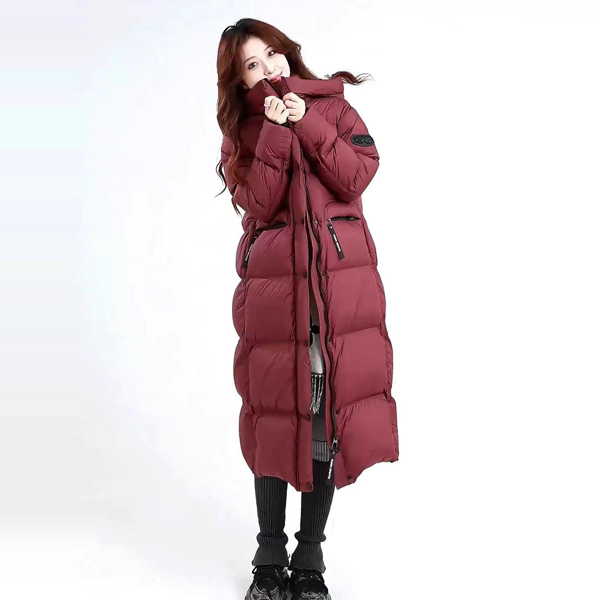 安可拉红连帽过膝宽松羽绒服