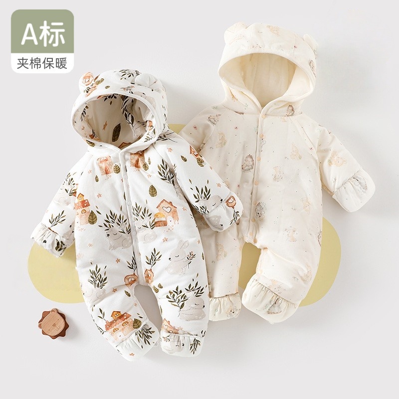秋冬天宝宝包脚加厚保暖纯棉衣服女婴儿连体衣男哈衣夹棉外出抱衣