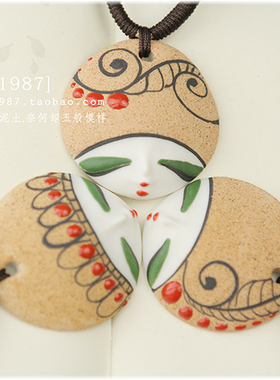 陶瓷饰品手绘复古娃娃脸项链吊坠