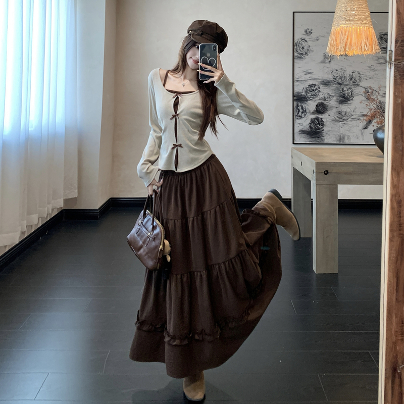 大码休闲套装女2025新款秋季假两件上衣高腰半身裙子两件套