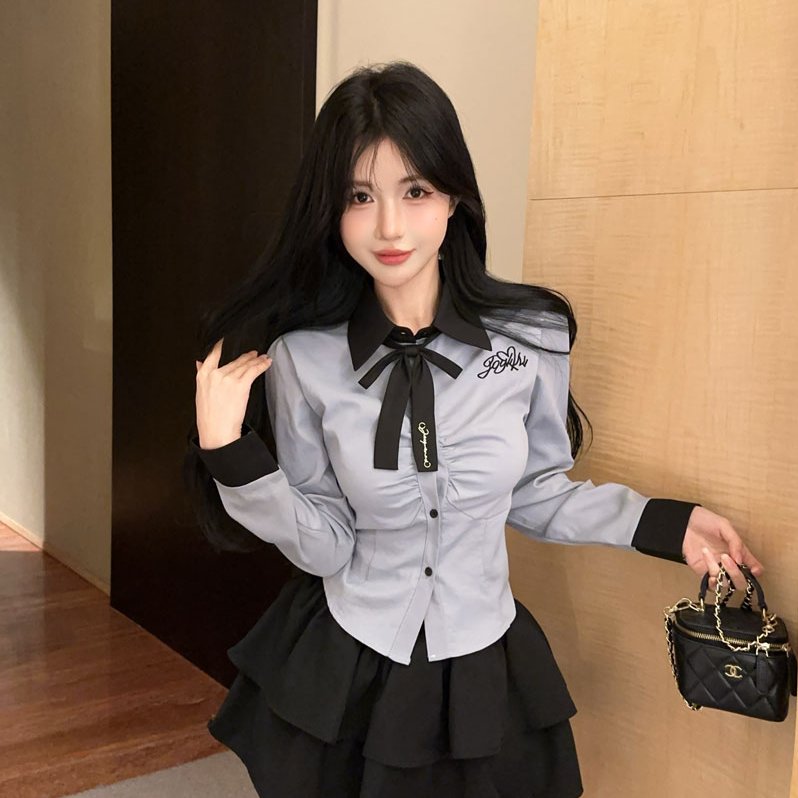 实拍实价 韩系学院风套装女设计感收腰刺绣jk制服衬衫高腰半身裙