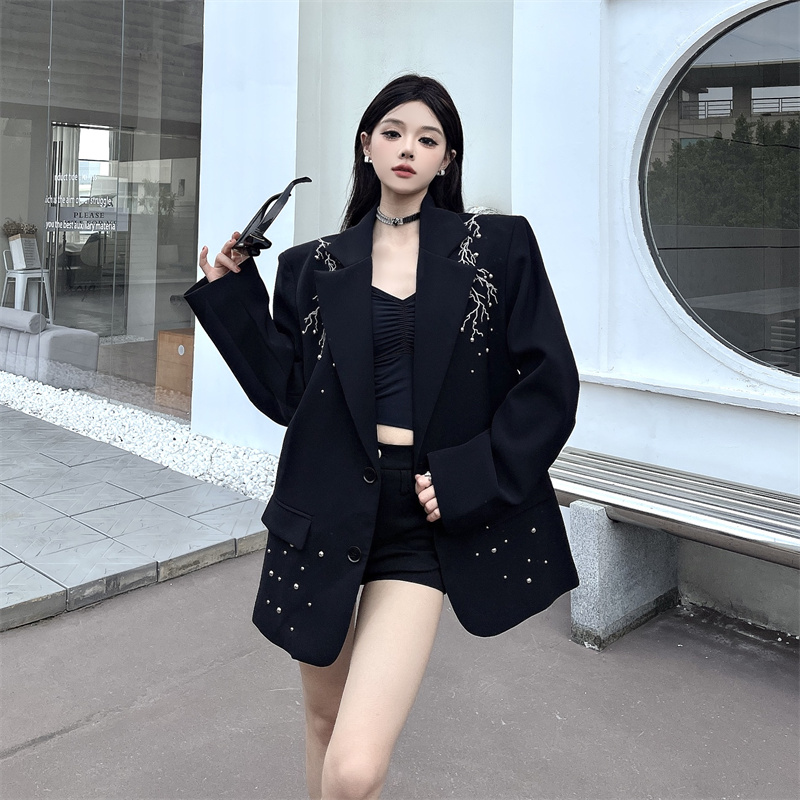 实拍高级感小众设计感钉珠金属小西服韩版西装外套
