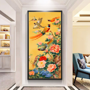 百鸟朝凤十字绣2025新款绣高端客厅竖版玄关高级感新中式牡丹花鸟