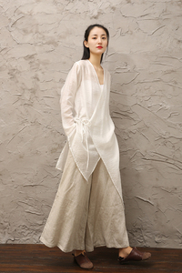 禅简 2024夏季丝麻斜襟系带长袖白色汉服 文艺复古防晒清透开衫女