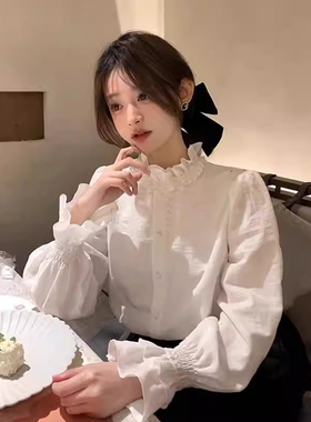 法式白色木耳边立领衬衫女春秋小个子内搭叠穿衬衣设计感长袖上衣
