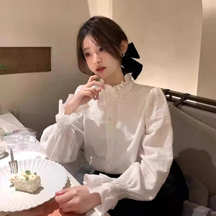 法式白色木耳边立领衬衫女春秋小个子内搭叠穿衬衣设计感长袖上衣
