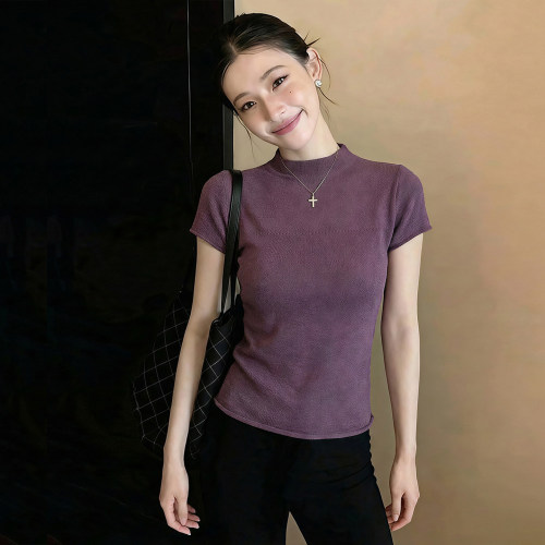 紫色中领卷边短袖t恤女夏季薄款