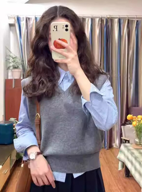灰色v领针织马甲背心女秋冬内搭叠穿小个子毛衣坎肩短款无袖上衣