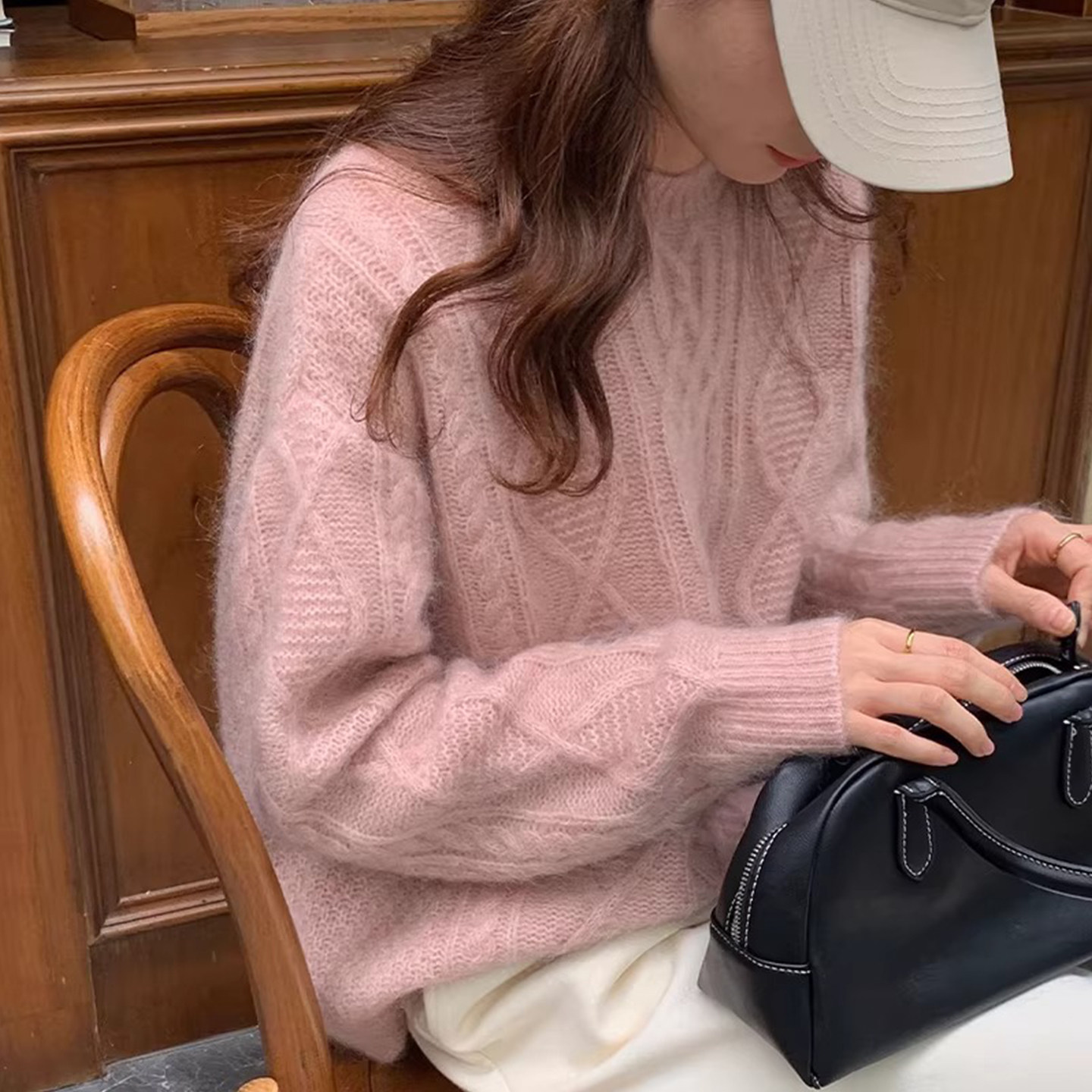 粉色圆领麻花毛衣女秋冬加厚小个子宽松慵懒风软糯套头针织衫上衣