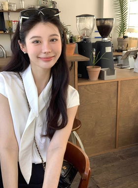 白色飘带短袖衬衫女夏季小个子设计感小众衬衣职业通勤小飞袖上衣